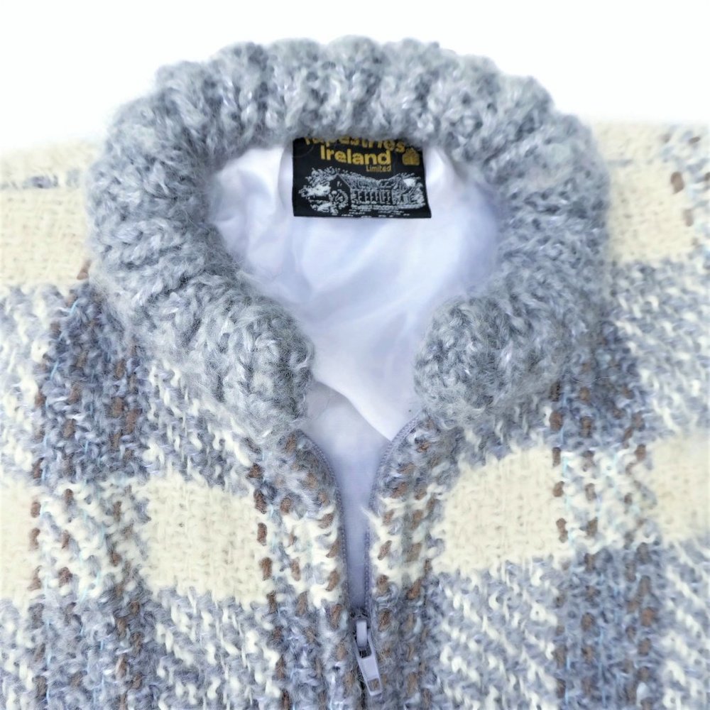 Vintage Sweater Jacket Wool Gray Cream Plaid Full Zip Crew Neck Pockets Bomber - Picture 4 of 9